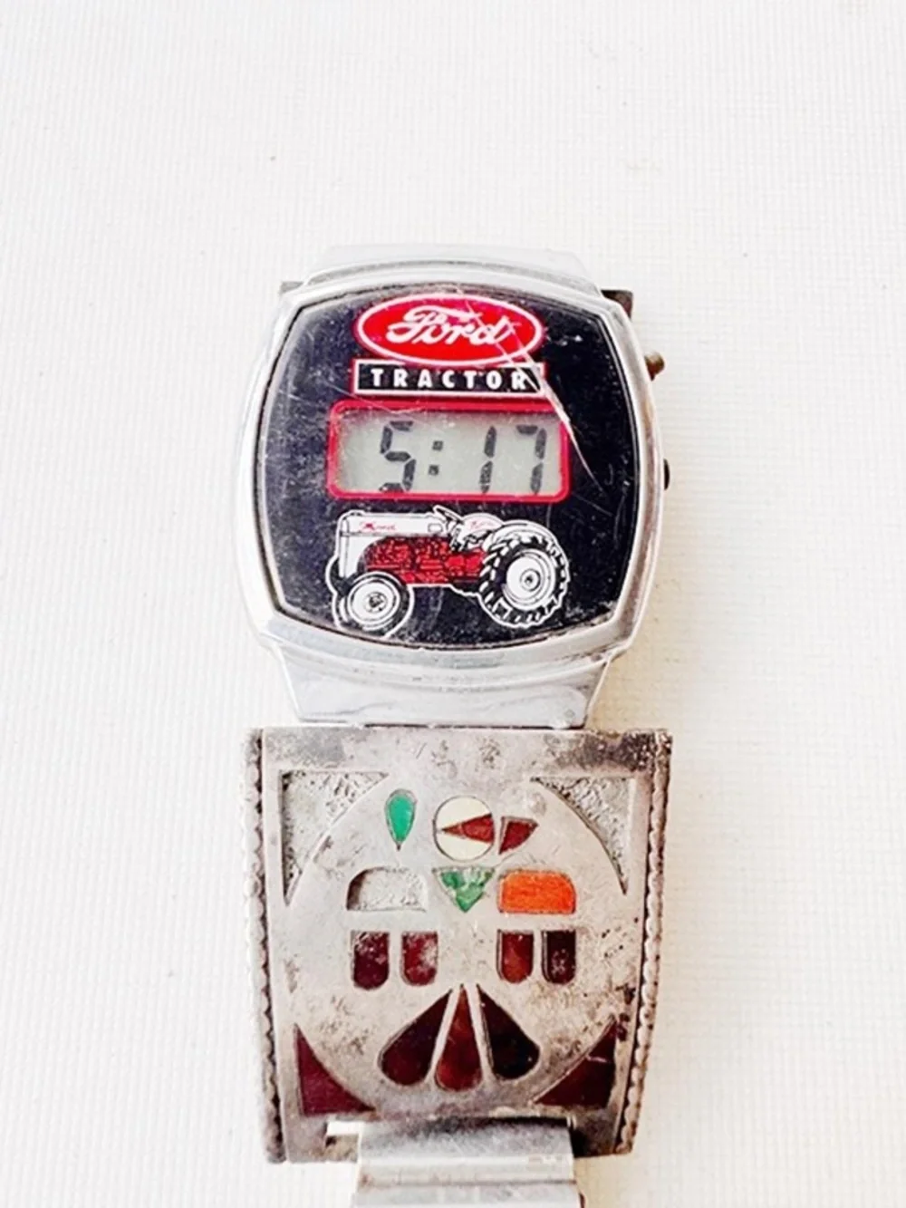 Vintage Ford Tractor Digital Watch Sterling Silver 925 Inlay Gemstone Cuff Band